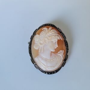 Vintage Cameo Silver Brooch Pin Oval Hand Carved Shell Marcasite Accents